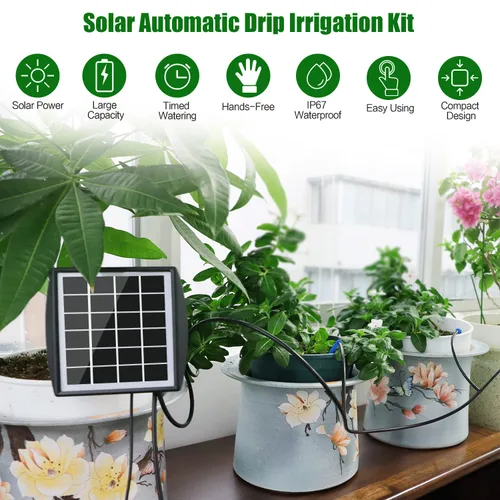 Vista 2 de JIYANG - Kit de riego automático solar por goteo, dispositivo de riego automático automático fácil de bricolaje compatible con plantas de macetas, 6