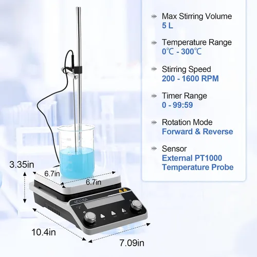 Vista 7 de 5L 6.7" Magnetic Hotplate Stirrer with Timer, PT1000 Probe & Stand