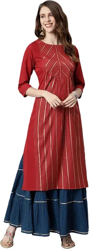 Vista 3 de Janasya Maroon Poly Crepe Kurta para mujer