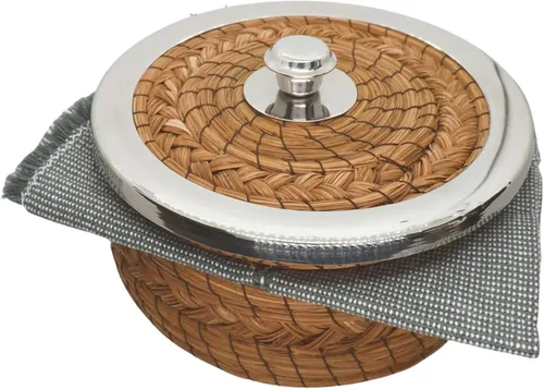 Vista 5 de Auténtica cesta calentadora de tortillas mexicanas - Aguja de pino tejida a mano con tela tejida a mano (borde de metal de 7 pulgadas con tela)