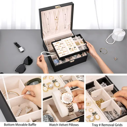 Vista 3 de Voova Joyero organizador para mujeres adolescentes y niñas estuche de almacenamiento grande de 2 capas para hombres soporte de joyería de piel