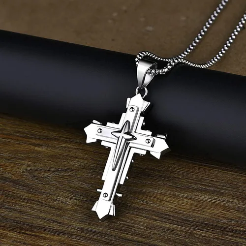 Vista 4 de GOVENUS Collar grande con colgante de cruz de Jesucristo de acero inoxidable, joyería religiosa para hombre, en cadena rolobizantina, plataoronegro