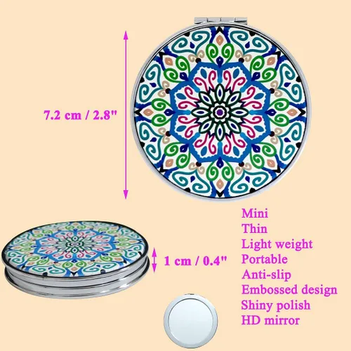 Vista 4 de Espejo compacto de mano a granel – Monedero de bolsillo Espejo de maquillaje redondo plegable portátil de doble cara 2X Ampliación – Diseños
