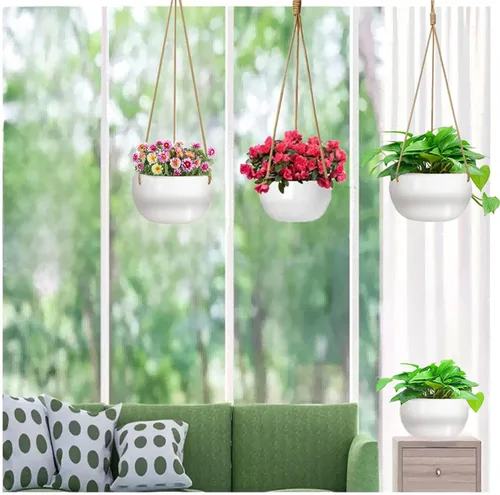 Vista 3 de Macetas colgantes de cerámica para plantas de interior y exterior, maceta moderna de 8 pulgadas, cesta redonda de porcelana con soporte para plantas