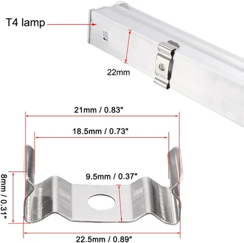 Vista 4 de uxcell T4 Clips Soporte para tubo de luz LED, tubo fluorescente LED, acero al manganeso niquelado, paquete de 15