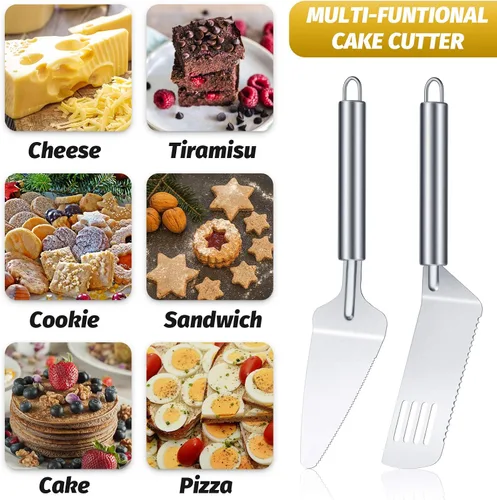 Vista 6 de Juego de 4 piezas para servir tartas de acero inoxidable, espátula dentada para tartas, cortador de tartas con mango cómodo, para cortar y servir