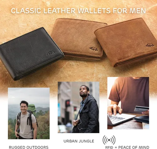 Vista 2 de WITH LOVE Cartera plegable para hombre, organizador de dinero, tarjetero, cuero de grano completo, bloqueo RFID, accesorio esencial para hombre