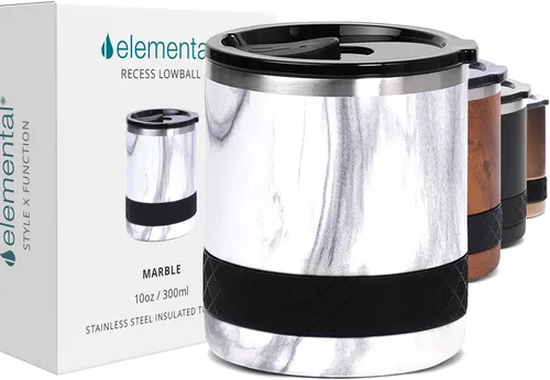 Vista 20 de Elemental Recess Vaso bajo de 10 oz, taza de acero inoxidable de triple pared con tapa de Tritan no fracturable, vaso de whisky aislado, taza