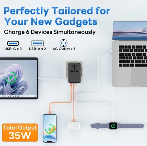 Vista 4 de Adaptador de viaje universal - Adaptador de corriente internacional de 35 W con fusible de reinicio automático, adaptador de enchufe USB-C PD