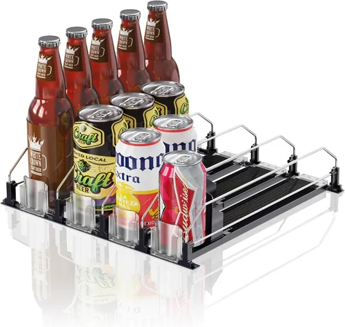 Vista 14 de Organizador de Bebidas para Refrigerador, 12oz 16oz 20oz - Dispensador de Latas de Refresco para Refrigerador, Ancho Ajustable, Deslizador Negro