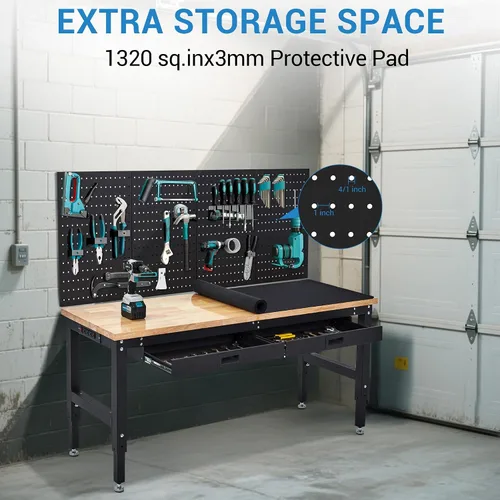 Vista 3 de Mesa de trabajo ajustable de 60 pulgadas, banco de trabajo de madera de goma de 3000 libras, mesa de trabajo resistente con 2 cajones y tablero