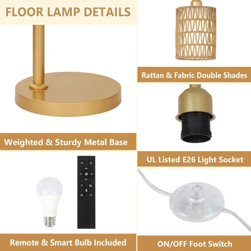 Vista 7 de LAMSU Modernas lámparas de pie doradas para sala de estar, lámpara de pie de ratán bohemio con bombilla LED regulable y control remoto, lámpara
