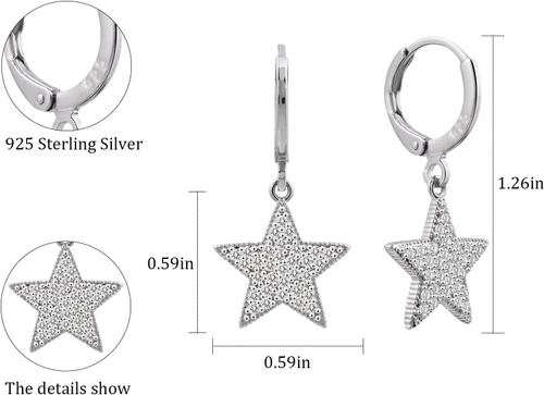 Vista 6 de Aretes colgantes de aro con diamantes de imitación de estrella de plata de ley 925/oro para mujeres