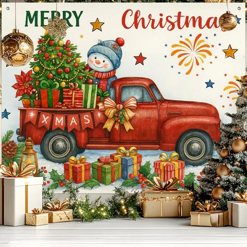 Vista 9 de HOMETITUTE Pancarta de Navidad de Papá Noel 8 x 6 pies Lista de Regalos Telón de Fondo Fiesta Navideña Fondo Árbol Muñeco de Nieve Bicicleta