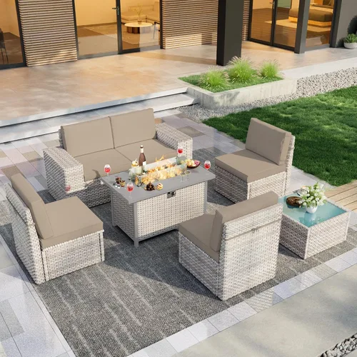 Vista 13 de Juego de muebles de patio de 6 piezas, sofá modular para exteriores con reposabrazos anchos, sofá de grupo de asientos de mimbre con mesa auxiliar