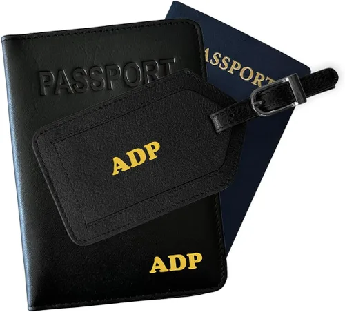 Vista 12 de Soporte personalizado de cuero con monograma RFID para pasaporte y etiqueta de equipaje, montura antigua, Juego de funda para pasaporte y etiqueta