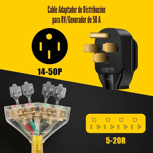 Vista 2 de Cable adaptador RV de 50 amperios a 20 amperios de 110 V, 4 clavijas NEMA 14-50P macho a 4 tomas de corriente 5-15R/5-20R hembra con clavijas
