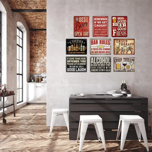 Vista 3 de Paquete de 8 letreros de metal divertidos para la pared del bar del hogar para decoración de cuevas de hombre, decoraciones retro de pub y regalos