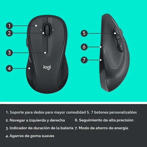 Vista 5 de Logitech M510 - Mouse inalámbrico, ratón para laptop y PC con receptor unificador USB, botones programables - Grafito