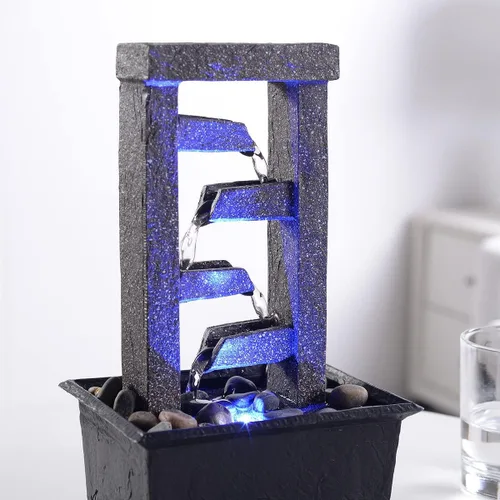 Vista 5 de GOSSI Fuente de cascada de mesa de 4 niveles de 10 pulgadas con rocas naturales de río, luces LED, función de agua interior de resina