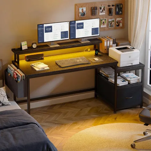 Vista 9 de EnHomee Escritorio para computadora de 57 pulgadas con cajones y espacio para impresora, escritorio de oficina con tomas de corriente, escritorios