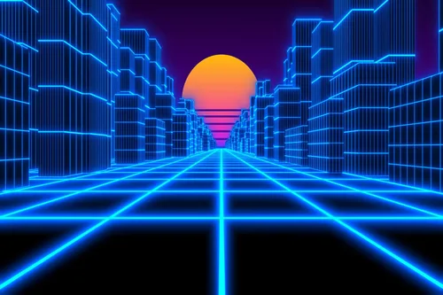 Vista 5 de Telón de fondo de paisaje cibernético de 5 x 3 pies, ciudad azul, retro, futurista de los años 80, neón Cyberpunk, fondo de cuadrícula láser, fondo