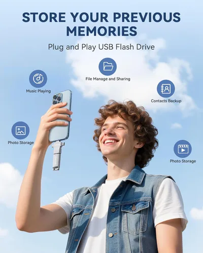 Vista 4 de Memoria USB USB con certificación MFi para iPhone, memoria externa 4 en 1 para ahorro de video y copia de seguridad (plata, 256 GB)