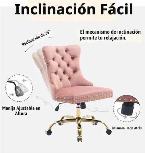 Vista 6 de Silla de escritorio de oficina en casa de terciopelo rosa con ruedas y base dorada, cómoda silla de tocador para maquillaje con respaldo copetado