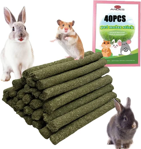 Vista 7 de ANDES Juguetes masticables de conejo, 40 palitos de heno Timothy de aproximadamente 14 onzas/14.11 oz de hámster, bocadillos molares hechos a mano