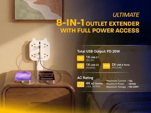 Vista 3 de Barra extensora de toma, enchufe de pared giratorio de 360° con 4 salidas de CA, carga rápida USB-C PD de 20 W, 2 puertos USB-A y 2 puertos USB-C