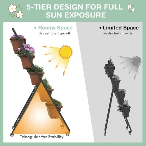 Vista 5 de Safstar - Macetero vertical de 5 niveles, cama de jardín elevada con 2 ruedas con bloqueo, 5 jardineras extraíbles, marco de metal, caja