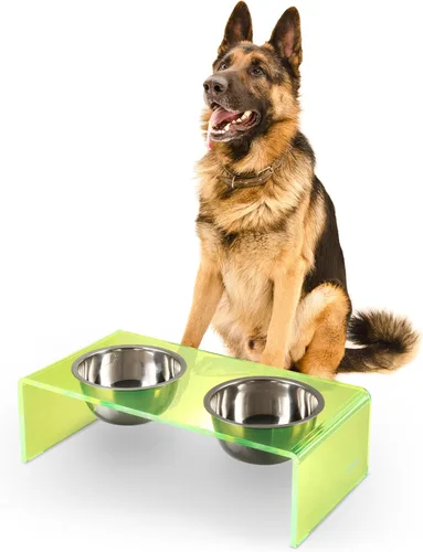Vista 8 de DBL2000B Keaton - Comedero rectangular elevado moderno de lucita para mascotas de 5 pulgadas, tamaño pequeño/mediano, con 2 cuencos de acero
