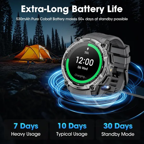 Vista 7 de Reloj inteligente militar para hombre con GPS, llamada Bluetooth AMOLED de 1.43 pulgadas, linterna LED, reloj táctico resistente para Android iOS