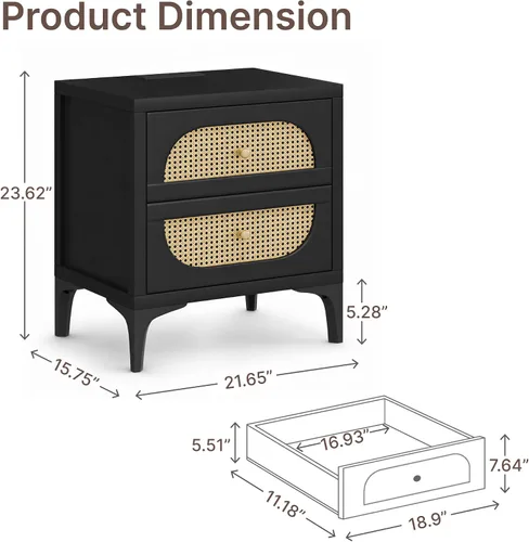 Vista 2 de KISLOT 22'' Rattan Night Stand with 2 Drawers, USB Charging Station