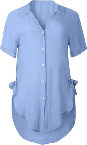 Vista 2 de Camiseta de verano para mujer, holgada, con botones, larga, de algodón, para entrenamiento, casual, para mujer