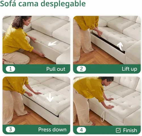 Vista 4 de HONBAY Sofá Seccional Cama Extraíble, Sofá Seccional en Forma de U con Chaise de Almacenamiento, Sofá Cama para Sala de Estar, Beige