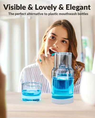 Vista 5 de Juego de jarra de agua y vaso para mesita de noche, jarra de agua nocturna con vaso, dispensador de enjuague bucal de vidrio transparente para baño