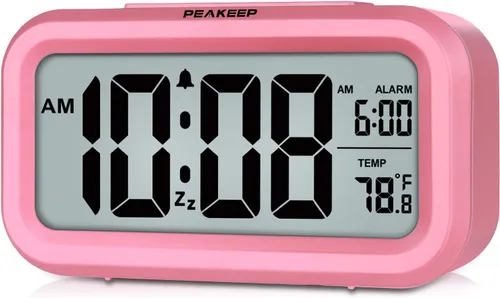 Vista 10 de Reloj despertador digital con luz nocturna Peakeep Temperatura interior con pilas Pequeño reloj inalámbrico lindo para dormitorio, escritorio