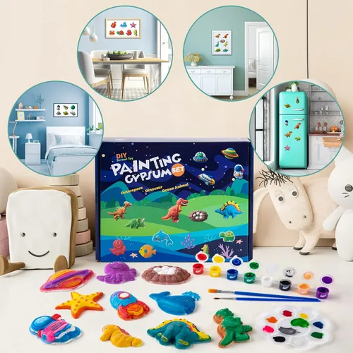 Vista 3 de Juboury Kit de manualidades para niños, pintura en yeso, juego de arte para pintar tu propio espacio, dinosaurios y figuras de vida marina, kit