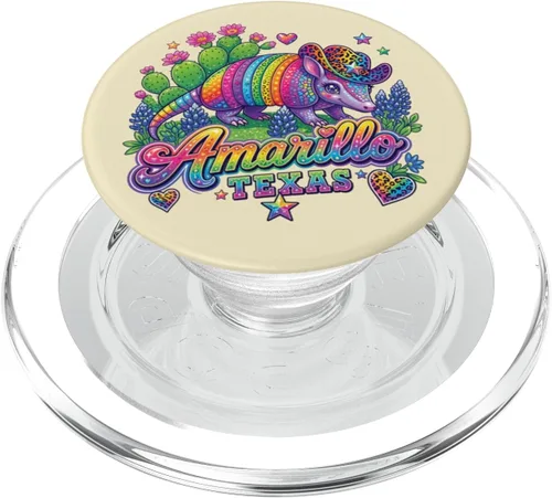 Vista 7 de Amarillo Texas Rainbow Armadillo Cowboy 80s Retro Souvenir PopSockets Adhesive PopGrip
