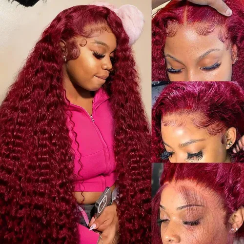 Vista 19 de Pelucas de cabello humano con encaje frontal de 13 x 6 pulgadas, color borgoña 99j