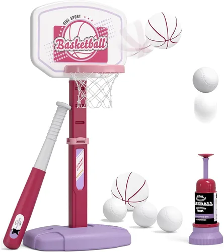 Vista 9 de HYES Juego de aro de baloncesto 2 en 1 y pelota en T para niños, altura ajustable, tee de béisbol para niños con máquina de lanzamiento automática