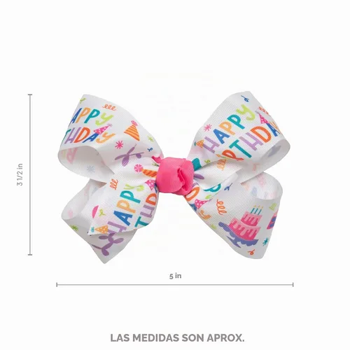 Vista 3 de Clip para el cabello – Lazo de pelo de grogrén para niñas con centro de envoltura de nudo, 5 pulgadas, estampado de cumpleaños, para todas