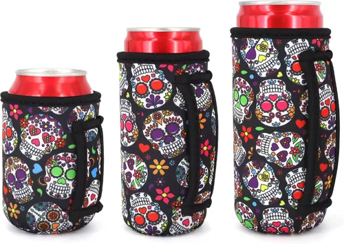 Vista 42 de 3 Pack de fundas aisladas reutilizables de neopreno con asa para soda, bebida energética, refresco, cerveza, seltzer duro, fundas para latas de 12