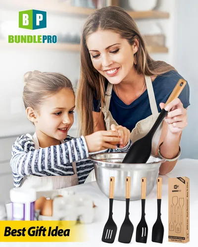 Vista 7 de Juego de 4 utensilios de cocina de silicona, espátulas sólidas antiadherentes y cucharas ranuradas resistentes al calor con mango de madera