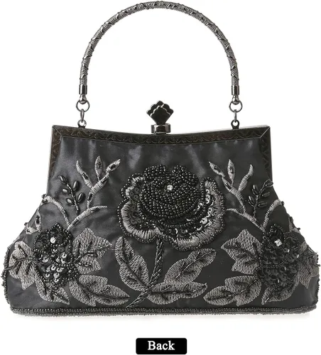 Vista 3 de Bolso de mano de estilo vintage con cuentas florales y strass para mujer, con bordado de lentejuelas, bandolera para novia, boda, fiesta