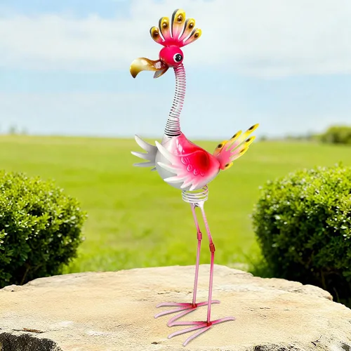 Vista 11 de Decoración de flamencos de metal vibrante, arte de metal grande para patio, decoración al aire libre, estatuas de jardín, flamenco rosa de pie