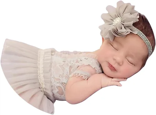 Vista 13 de Traje de fotografía para bebé, traje de encaje para recién nacido, sesión de fotos, diadema de flores, disfraz de princesa