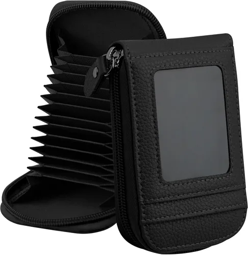 Vista 23 de RFID mini organizador de tarjetas de crédito, cuero auténtico, billetera compacta con visor de identificación, S, Negro