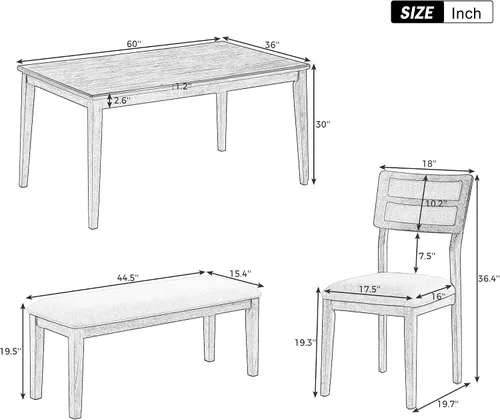 Vista 4 de Juego de mesa de comedor de 6 piezas con 4 sillas tapizadas y banco, mesa de comedor rectangular de madera de estilo tradicional para cocina, sala